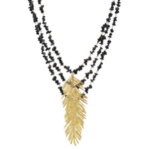 Layered Black Stone Feather Necklace (Multi-Strand)